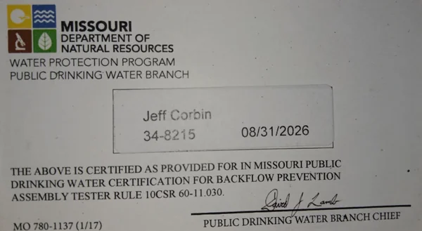 Missouri Department of Natural Resources Backflow Prevention Certification for Jeff Corbin
